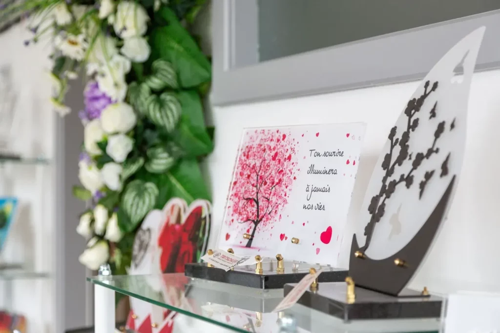 Plaques funéraires personnalisées en verre exposées dans un magasin.